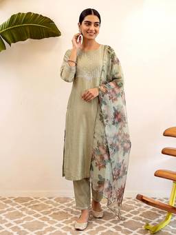 VredeVogel - Sage Green Floral Embroidered Kurta with Pant and Dupatta