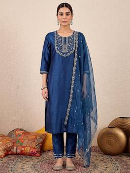 VredeVogel - Navy Blue Embroidered Thread Work Kurta with Pant and Dupatta