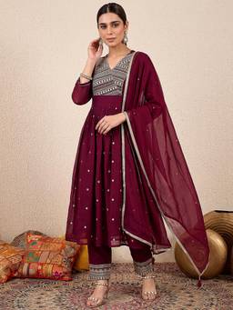 VredeVogel - Burgundy Floral Embroidered Anarkali Kurta with Pant and Dupatta