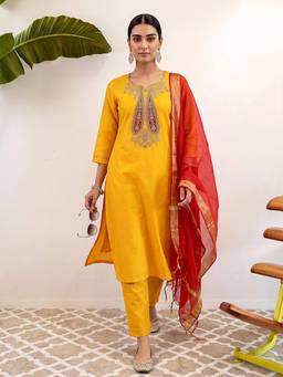 VredeVogel - Yellow Embroidered Sequined Work Kurta with Pant and Dupatta