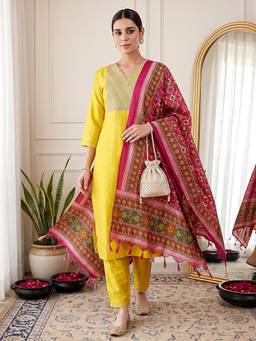VredeVogel - Yellow Embroidered Gota Work Kurta with Pant and Dupatta