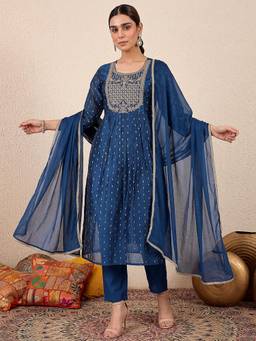 VredeVogel - Navy Blue Embroidered Sequined Work Kurta with Pant and Dupatta