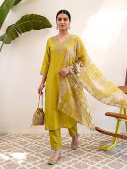 VredeVogel - Yellow Floral Embroidered Kurta with Pant and Dupatta