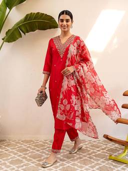 VredeVogel - Red Floral Embroidered Kurta with Pant and Dupatta