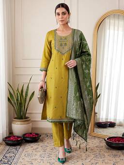 VredeVogel - Olive Embroidered Sequined Work Kurta with Pant and Dupatta