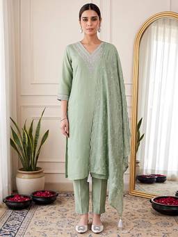 VredeVogel - Green Embroidered Sequined Work Kurta with Pant and Dupatta