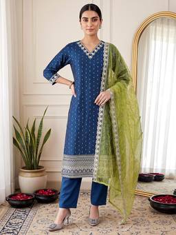 VredeVogel - Navy Blue Embroidered Sequined Work Kurta with Pant and Dupatta