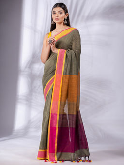 CHARUKRITI - Dark Grey Pure Cotton Woven Design Soft Saree & Stripes Pallu with Unstitched Blouse