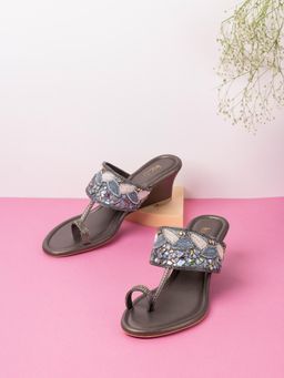 Inc.5 - Womens Pewter Embellished Open Toe Party Wear Wedge Heels