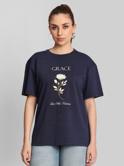 Bene Kleed - Women Navy Blue Oversize Floral Print T-Shirt
