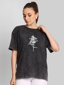 Bene Kleed - Women Charcoal Oversize Floral Print T-Shirt