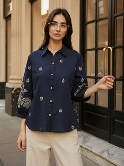 ZUMMER - Cotton Navy Blue Floral Embroidered Shirt