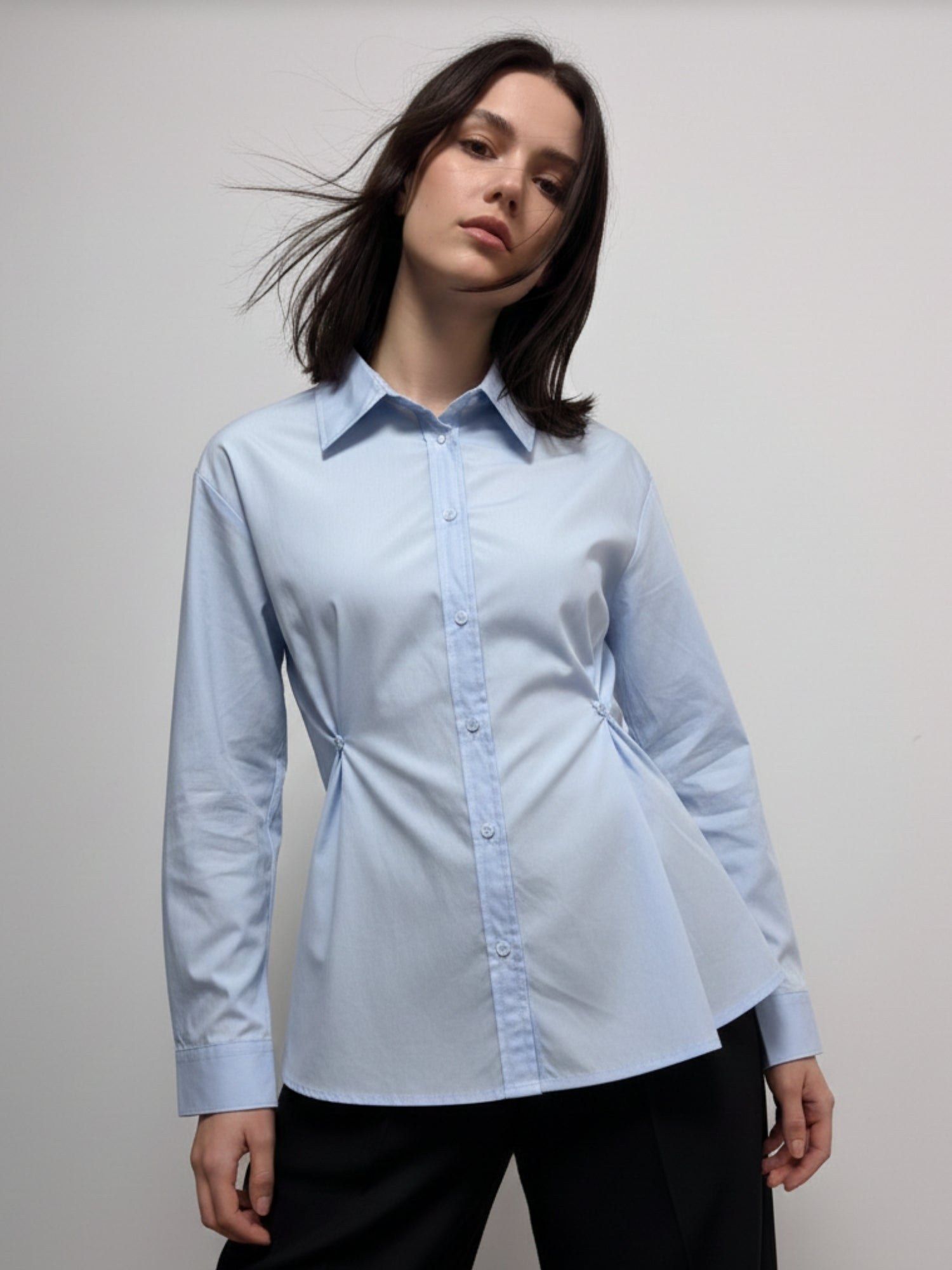 outzidr Light-Blue Waist Fitted Collared Shirt-picture-11