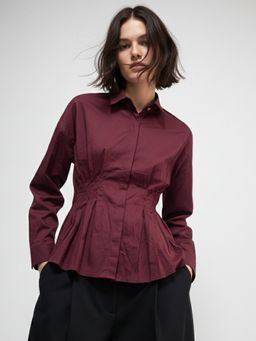 Outzidr - Burgundy Front Pleated Waist Fitted Shirt
