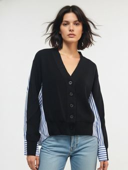 Outzidr - Black Front Buttoned Side Striped Panel Shirt