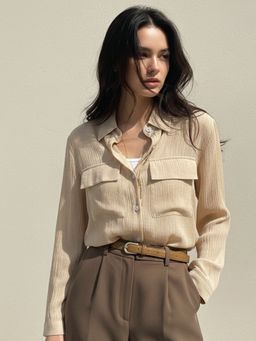 Outzidr - Beige Textured Double Pocket Shirt