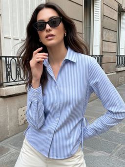 Outzidr - Blue Side-Tie Fitted Stripe Shirt