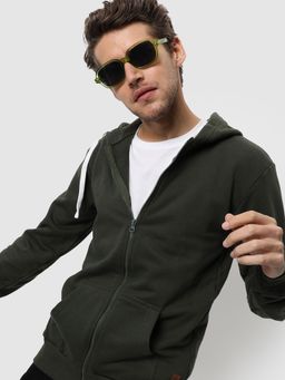 Campus Sutra - Zipper Solid Sleeve Hooded Sweatshirt