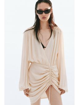 H&M - Women Beige Drawstring-Detail Balloon-Sleeved Dress