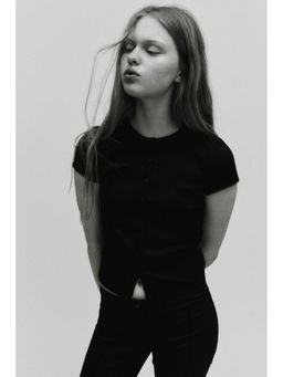 H&M - Women Black Ribbed Button-Front Top