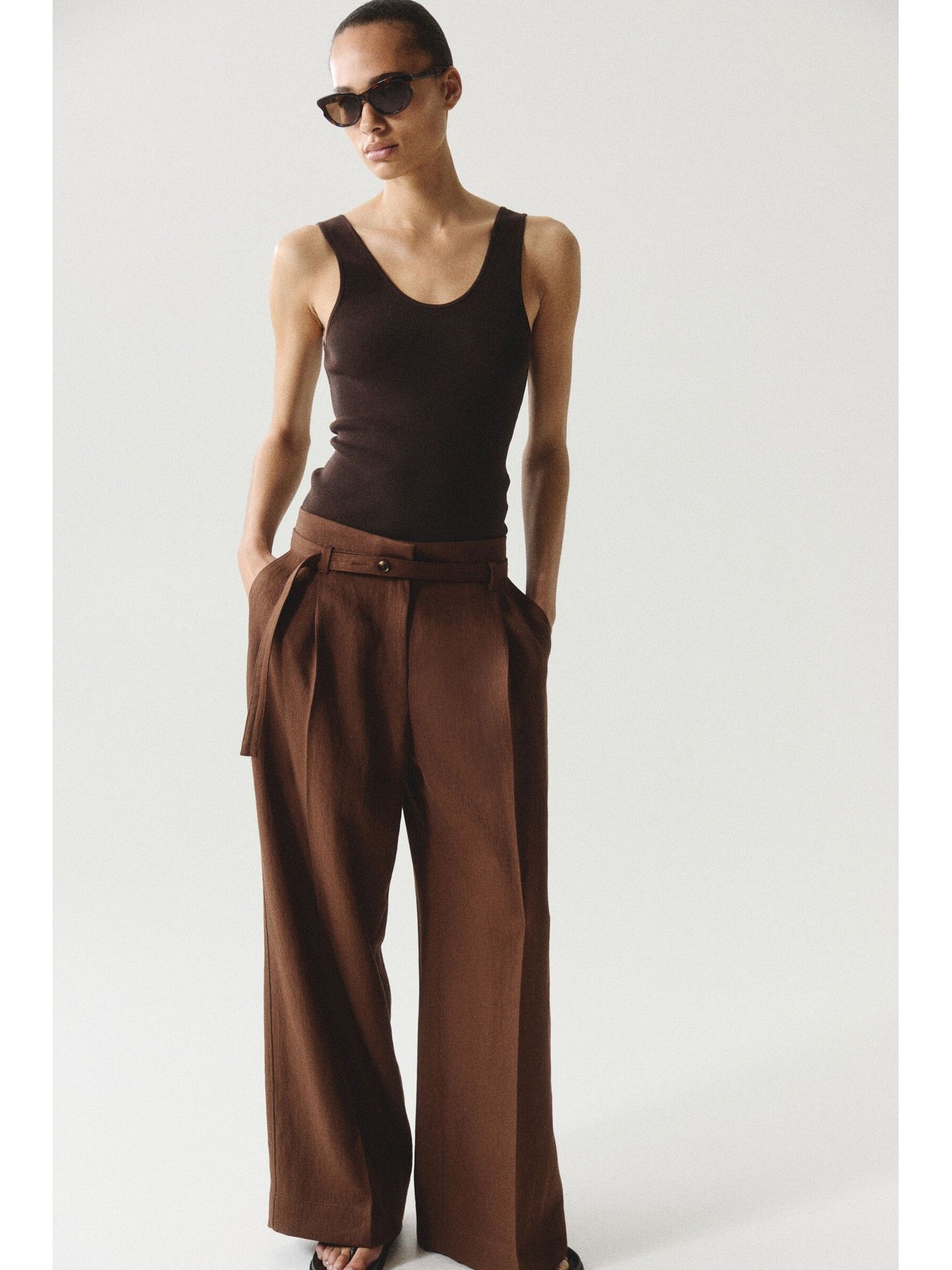 h&m Women Brown Wide Belted Trousers-picture-43