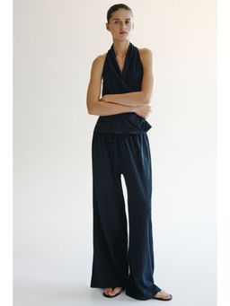 H&M - Women Navy Blue Crinkled Drawstring Trousers