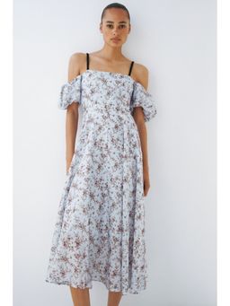 H&M - Women Blue Linen-Blend Cold Shoulder Dress