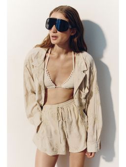 H&M - Women Beige Embroidered Viscose Shorts