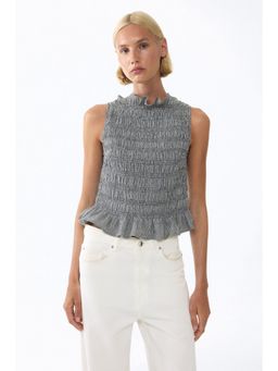 H&M - Women Grey Smocked Frill-Trimmed Top