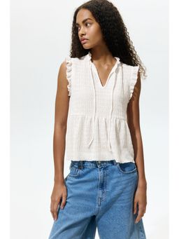 H&M - Women White Frill-Trimmed Tie-Detail Top