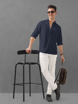 BULLMER - Navy Blue Trendy Regular Fit Solid Full Sleeve Causal Shirt for Men