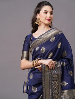 Akhilam - Navy Blue Festive Silk Blend Woven Design Saree with Unstitched