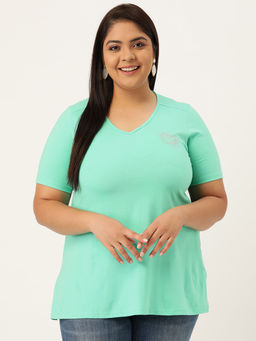 theRebelinme - Plus Size Womens Sea Green Solid Color V-Neck Cotton T-Shirt