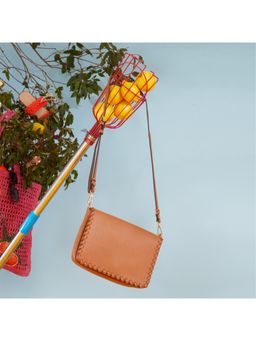 Accessorize London - Women Faux Leather Tan Whipstitch Flap Sling Bag