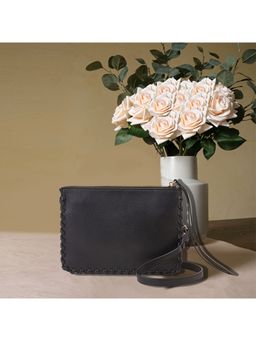 Accessorize London - Women Faux Leather Black Whipstitch Double Pocket Sling Bag