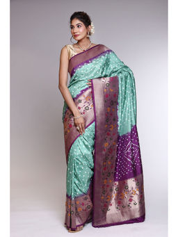 Zari Jaipur - Green Bandhani Handloom Saree with Unstitched Blouse