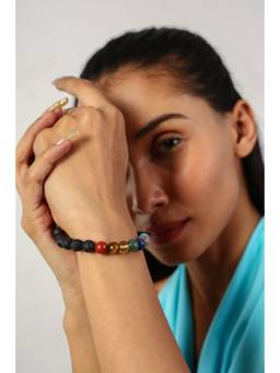 MINJI AND CO. - Lava Stone and Seven Chakra Healing Multi Color Brass Bracelet