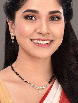 Saraf RS Jewellery - Gold Tone Black &amp; White AD -Studded &amp; Beaded Mangalsutra With Earrings