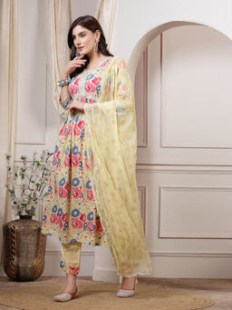 ANAISA - Women Yellow Floral Printed Kurta with Trousers and Dupatta (Set of 3)