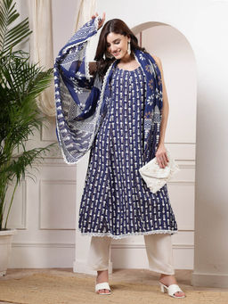 ANAISA - Women Indigo Blue Printed Anarkali Kurta with Trousers and Dupatta (Set of 3)