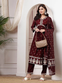 ANAISA - Women Maroon V-Neck Anarkali Kurta with Printed Trouser and Dupatta (Set of 3)