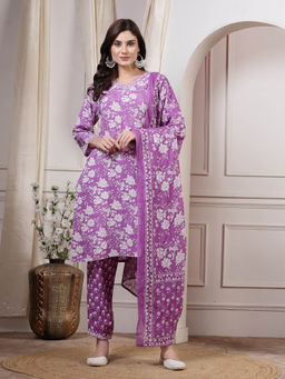 ANAISA - Women Lavender Floral Printed Kurta Dupatta with Trouser (Set of 3)