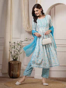 ANAISA - Women Blue and White Rayon Embroidery Kurta with Trouser Dupatta (Set of 3)