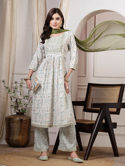 ANAISA - Women White and Green Embroidery Kurta with Trouser Dupatta (Set of 3)