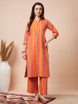 Globus - Women Orange Striped Straight Workwear Kurta with Pants (Set of 2)