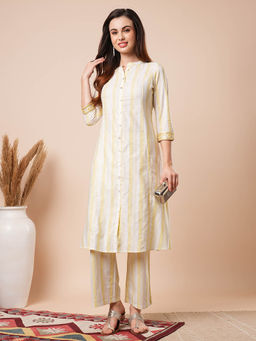 Globus - Women Yellow Mandarin Collar Striped Kurta with Pants (Set of 2)