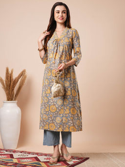 Globus - Women Grey V-Neck Floral Printed Kurta with Pants (Set of 2)