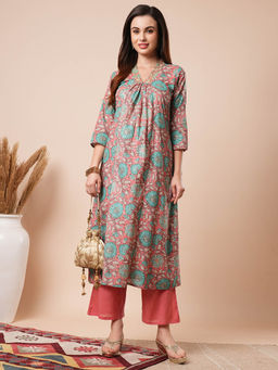 Globus - Women Peach V-Neck Floral Printed Kurta with Pants (Set of 2)