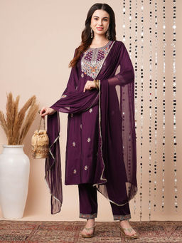 Globus - Women Purple Sequined Floral Embroidered Kurta with Pants and Dupatta (Set of 3)
