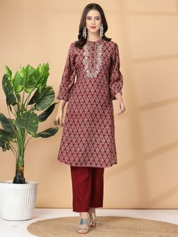 Nayam by lakshita - Maroon Flora Print Kurta and Pants (Set of 2)